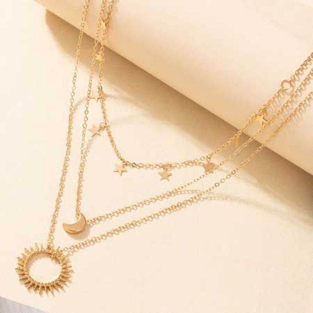 Ladies Sun Moon And Stars Layered Necklace 15$